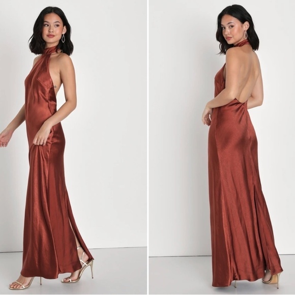 LULU's Sexy Prom Wedding Bridesmaid Satin Open Back Halter Maxi Dress NWOT - Picture 3 of 5